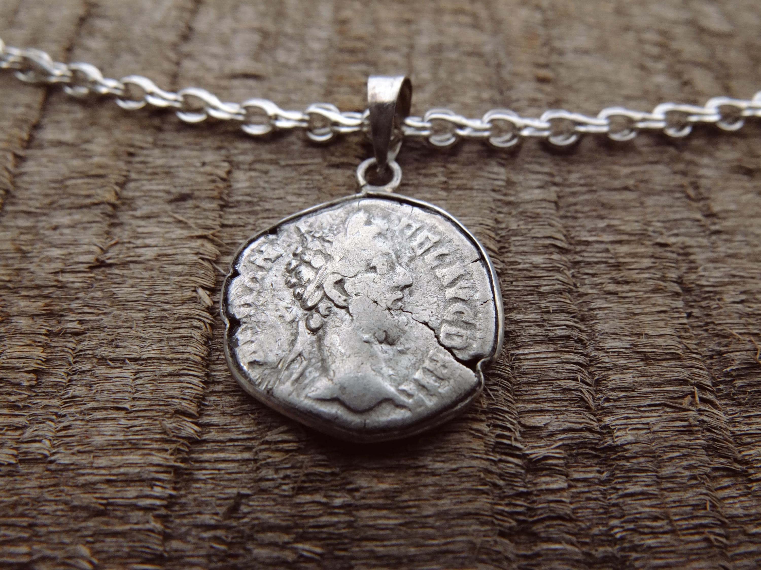 Genuine roman coin pendant, authentic Ancient Roman silver denarius necklace, Commodus coin in minimalistic silver bezel