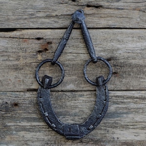 Antique horseshoe gift box, genuine 1800s horseshoe, snaffle bit and nail set, old worn horseshoe farmhouse decor, housewarming gift