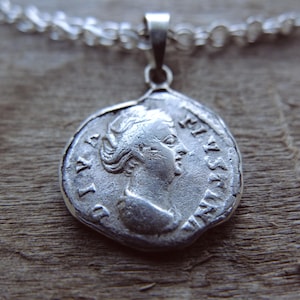 Roman empire silver coin pendant, ancient roman denarius necklace, genuine ancient roman empress Faustina the Elder silver coin pendant