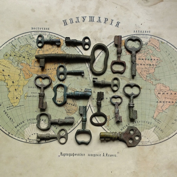 Small vintage keys, antique skeleton and barrel keys, old bronze and brass keys, genuine 1800s key
