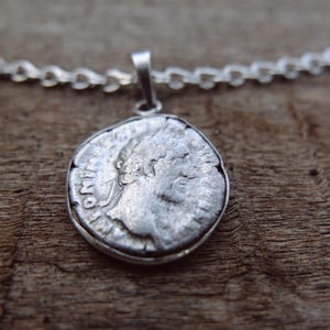 Antoninus Pius coin pendant, authentic roman silver coin necklace, genuine roman denarius pendant, roman coin set in sterling silver bezel
