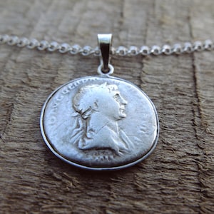 Emperor Trajan silver coin pendant, authentic roman denarius necklace, silver coin of Roman Empire, Trajan and Mars