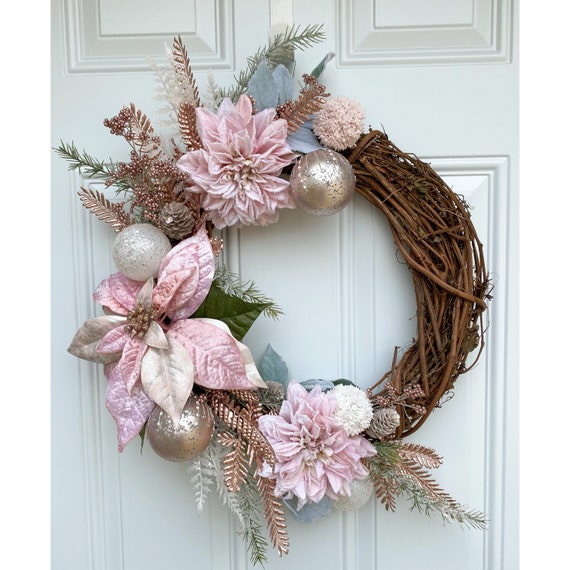 Pink/white Christmas Poinsettia Dahlia Grapevine Wreath/ | Etsy