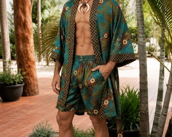 Conjunto de bata kimono y bóxer de batik balinés para hombre, Dola Silk Resort Wear