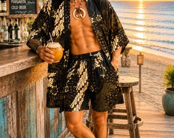 Men's  Dola Silk™ is the signature fabric collection Batik Short Kimono Set: Boho Robe+Bixers