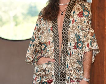 Men Boho Bage  Kimono Short Robe Set: Batik Loungewear with Boxers for music festival