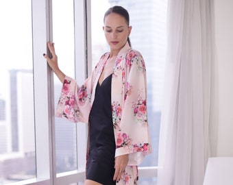 Boho Kimono robe , Kimono robe for women ,Pinck kimono robe women, Honeymoon silk robe long  vacation robe, silk kimono robe sexy silk robe.