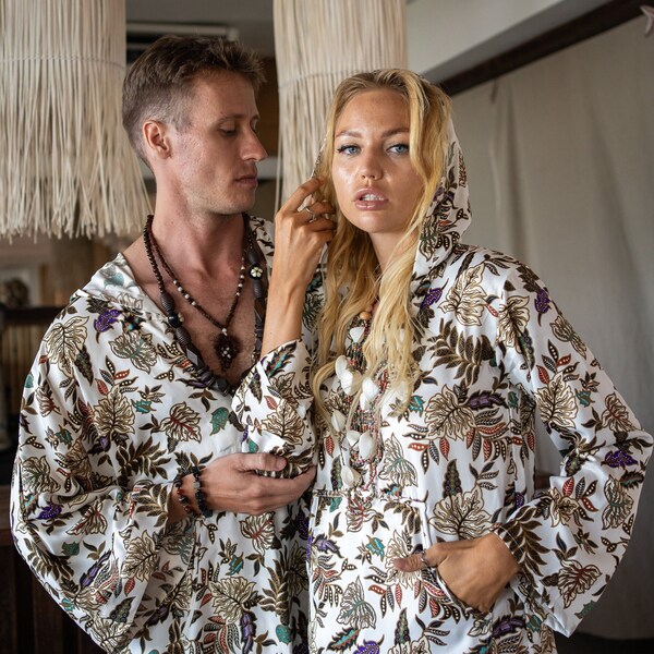 Kaftan Kimono Robe blended silk from Bali batik Java fabric unisex long kimono. Party Wear gift for men and women .