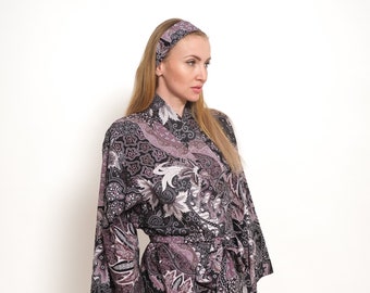 Organic Cotton Kimono Robe Bridesmaid Robe - Boho Style Bali Batik Silk Kimono Robe Dressing Gown - Turquoise Kimono Robes for Women
