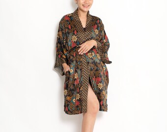 Maternity Black Silk Blend Atlas Boho Bali Batik Kimono for Hospital and Motherhood