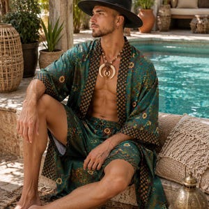 Mens Kimono Robe Set | Bali Batik Satin Resort Wear | Matching Robe and Boxers.