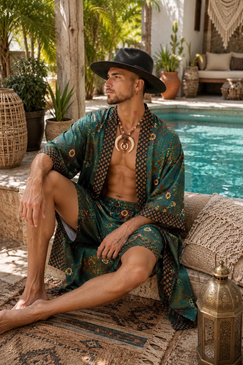 Mens Kimono Robe Set | Bali Batik Satin Resort Wear | Matching Robe and Boxers.