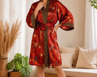Rote Boho Kimono Robe für Frauen, Leichte Resort Loungewear von ApheaFashion, Dola Silk Kimono