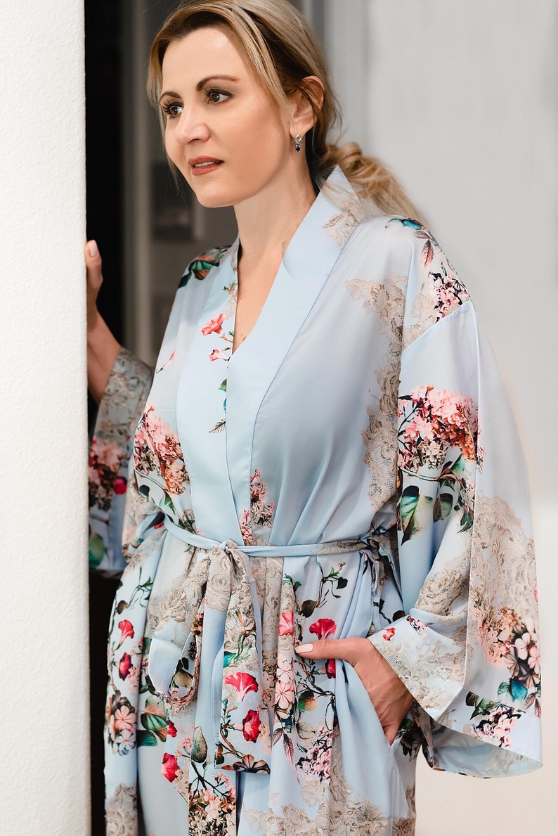 Turquoise Style Long Floral Silk Kimono Robe Silk Kimono Dressing Gown with Belt Turquoise Kaftan Kimono Robe Night Wear Robes for Women image 3