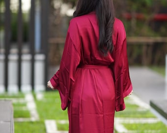 Red Silk Kimono Satin Robe for Men and Women - Long Sleeve Satin Kaftan Kimono Robe - Long Silk Robe Silk Dressing Gown Satin - Gift for Her