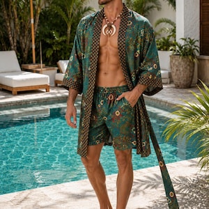 Mens Kimono Robe Set | Bali Batik Satin Resort Wear | Matching Robe and Boxers.