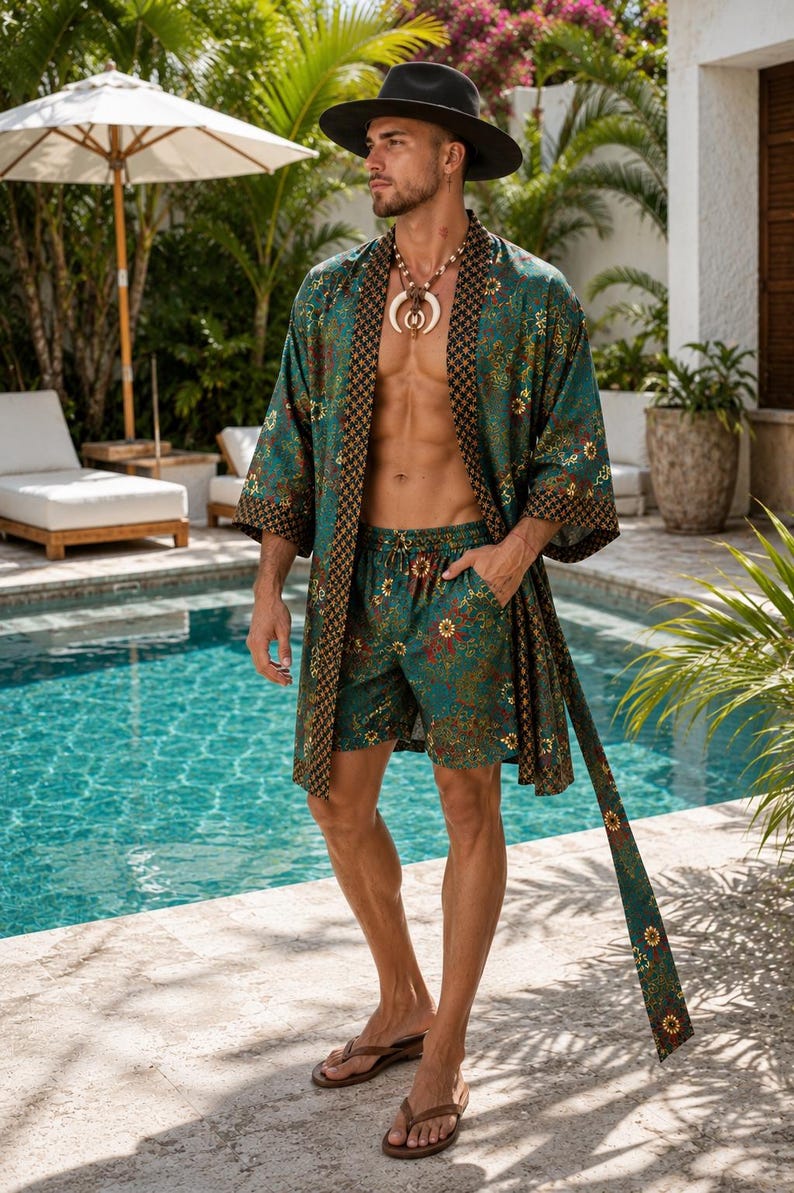 Mens Kimono Robe Set | Bali Batik Satin Resort Wear | Matching Robe and Boxers.