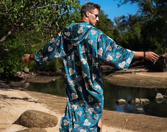 lange Seidenkimono-Roben für Männer - Kaftan-Kimono-Robe mit Kapuze