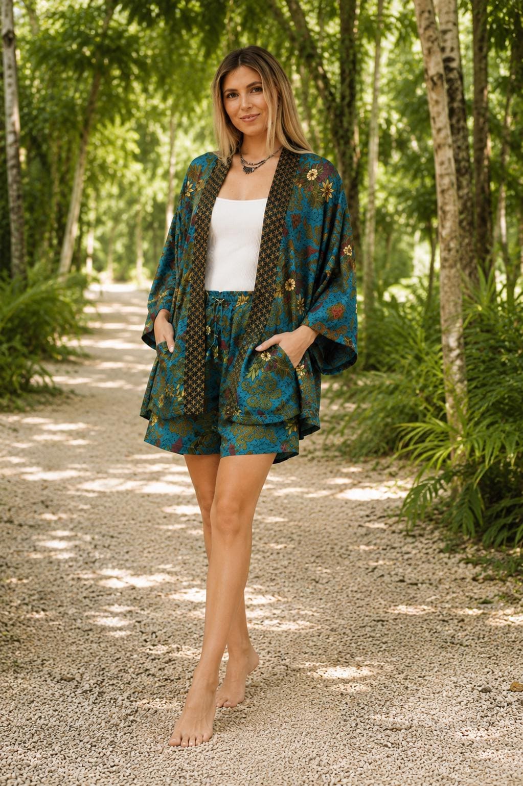 Blue Silk Kimono Robe Set: Polynesian Batik, Gift-Ready in box