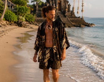 Men's Batik  Dola Silk® ApheaFashion Collection™Kimono Robe and Boxer Set, Bali Resort Loungewear