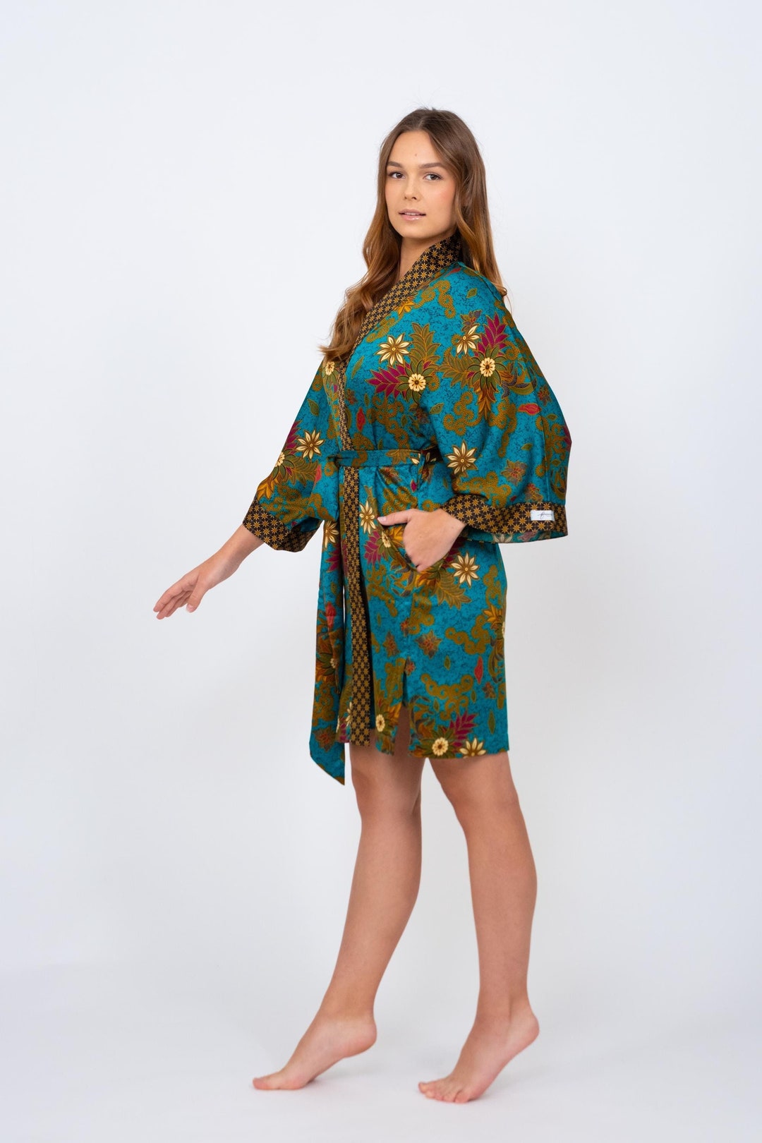 Green Short Silk Kimono Robe Party Wear Dress - Boho Style Silk Atlas ...