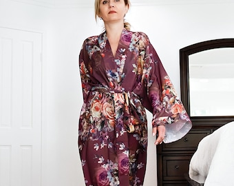 Floral Silk Kimono Robe Bridesmaid Robe - Bohemian Kaftan Kimono Robe Gift for Women - Silk Blend Kimono Robe Floral Honeymoon Silky Robe