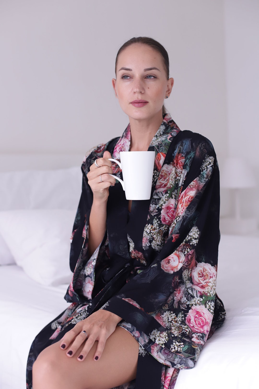 Bata kimono de rayón negro estilo bohemio: prenda larga para estar en ...