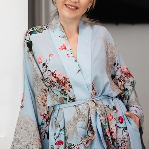 Turquoise Style Long Floral Silk Kimono Robe Silk Kimono Dressing Gown with Belt Turquoise Kaftan Kimono Robe Night Wear Robes for Women image 5