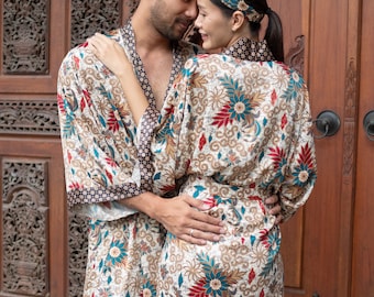 Matching Couple Kimono Robe Set: Silk Blend Batik Loungewear
