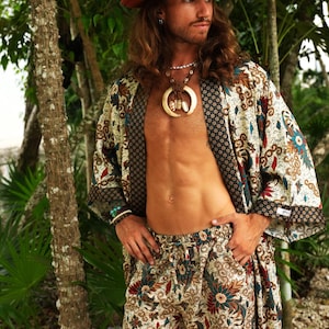 Boho Batik Silk Blend Kimono Robe: Handmade Bali Loungewear
