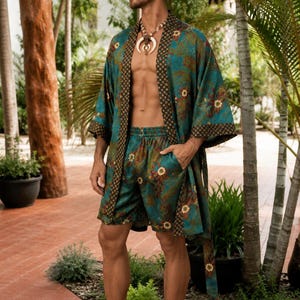 Mens Kimono Robe Set | Bali Batik Satin Resort Wear | Matching Robe and Boxers.