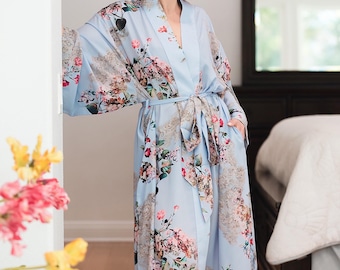 Turquoise Style Long Floral Silk Kimono Robe- Silk Kimono Dressing Gown with Belt - Turquoise Kaftan Kimono Robe -Night Wear Robes for Women