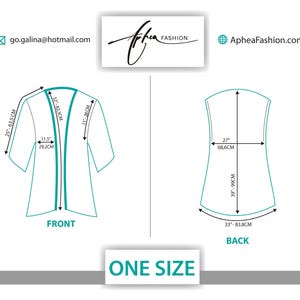 May include: A technical diagram of a one-size garment showing front and back views with measurements in inches and centimeters. The front view displays a 32-inch (82.3 cm) length, 25-inch (63.5 cm) sleeve, and 11.5-inch (29.2 cm) opening. The back shows 39-inch (99 cm) length.