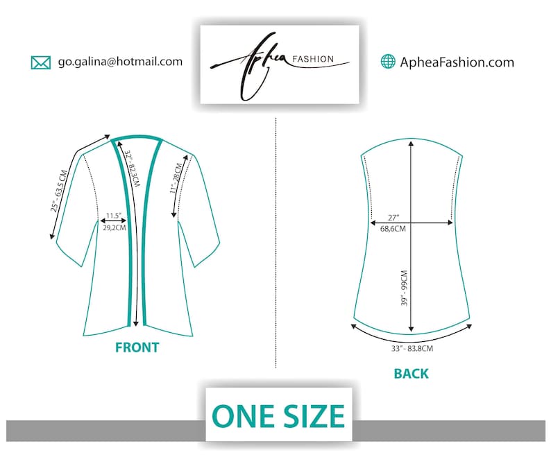 May include: A technical diagram of a one-size garment showing front and back views with measurements in inches and centimeters. The front view displays a 32-inch (82.3 cm) length, 25-inch (63.5 cm) sleeve, and 11.5-inch (29.2 cm) opening. The back shows 39-inch (99 cm) length.