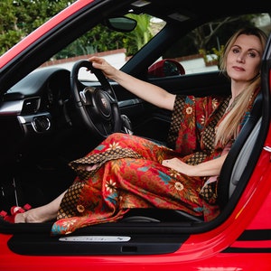 Long Red Floral Handmade Silk Kimono robe - Luxury Bali Fabric kimono Robes for Women -Long Sleeve Party wear Kimono Night Dress for Sister