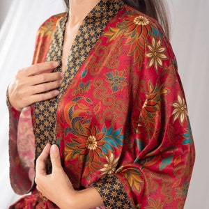 Red Floral Silk Satin Kimono Robe: Boho Batik Dressing Gown