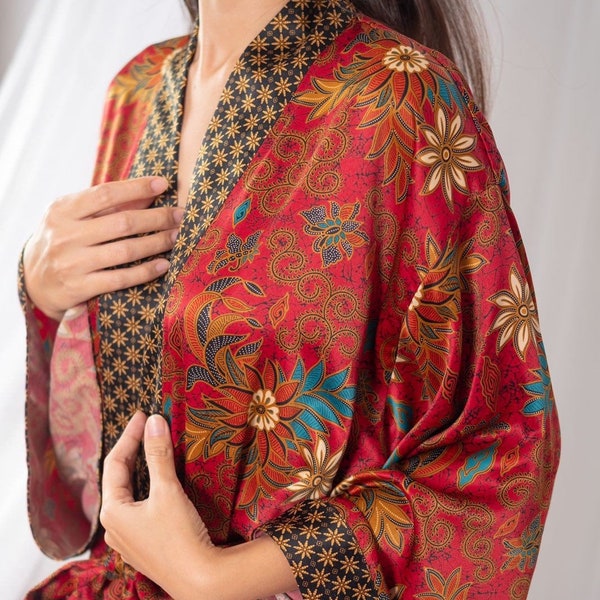 Red Polynesian Silk Satin Kimono Robe - Floral Kimono Robe Honeymoon Gift - Silk Kimono Robe for Men, Women - Silk Kimono Long Dressing Gown