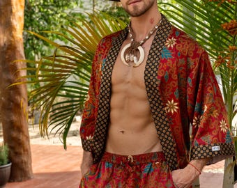 Men's Red Batik Kimono Robe and Boxer Set, Silky Bali Festival.