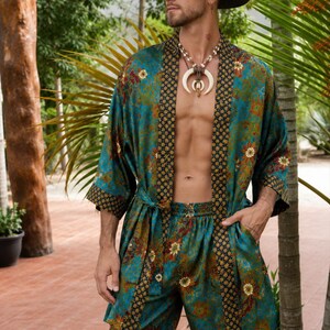 Mens Kimono Robe Set | Bali Batik Satin Resort Wear | Matching Robe and Boxers.