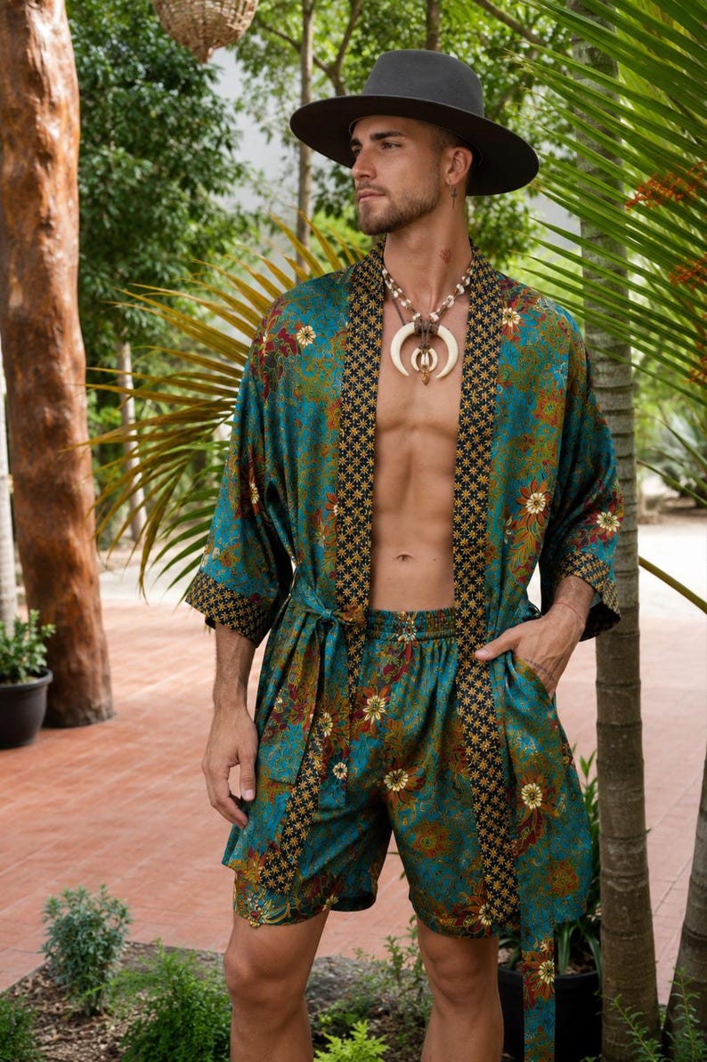 Mens Kimono Robe Set | Bali Batik Satin Resort Wear | Matching Robe and Boxers.
