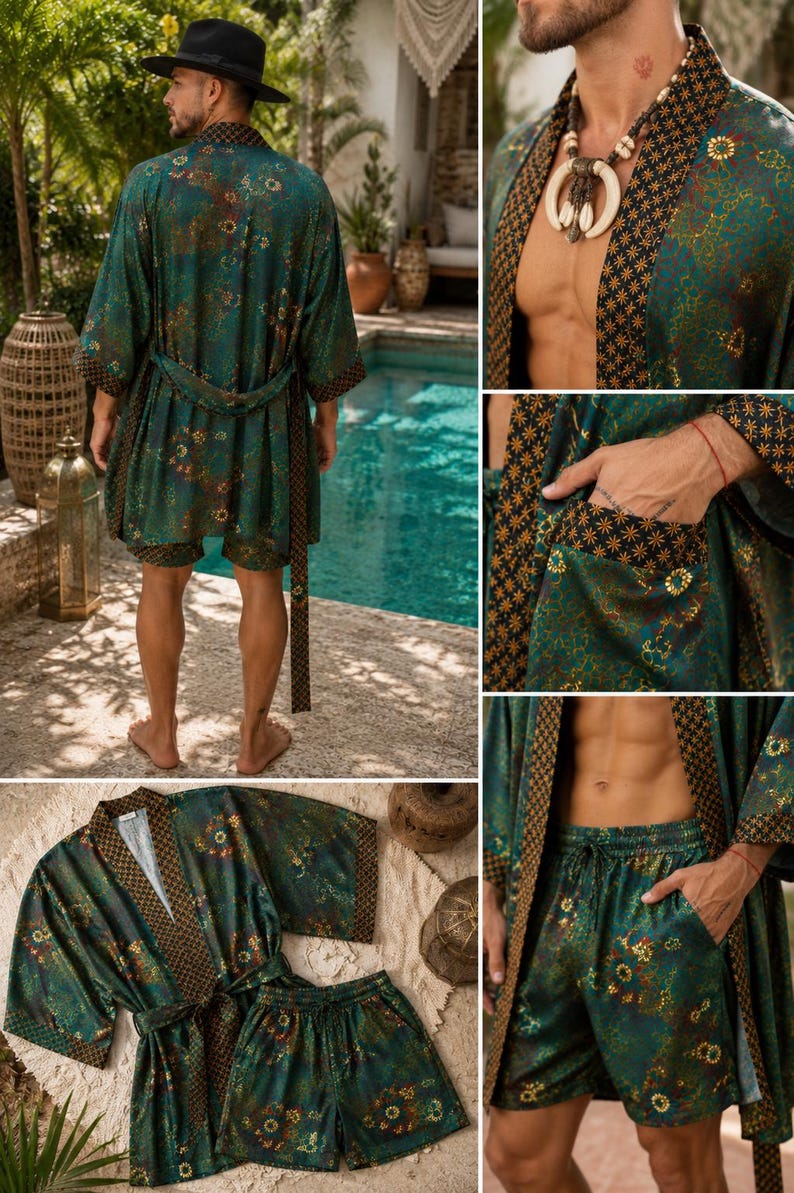 May include: A dark green kimono-style robe and matching shorts set featuring a gold floral pattern. The robe has wide sleeves, a tie belt, and a contrasting black trim with a gold star print. The shorts feature an elastic waistband with a drawstring.