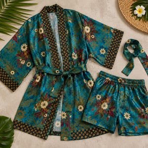 Mens Kimono Robe Set | Bali Batik Satin Resort Wear | Matching Robe and Boxers.