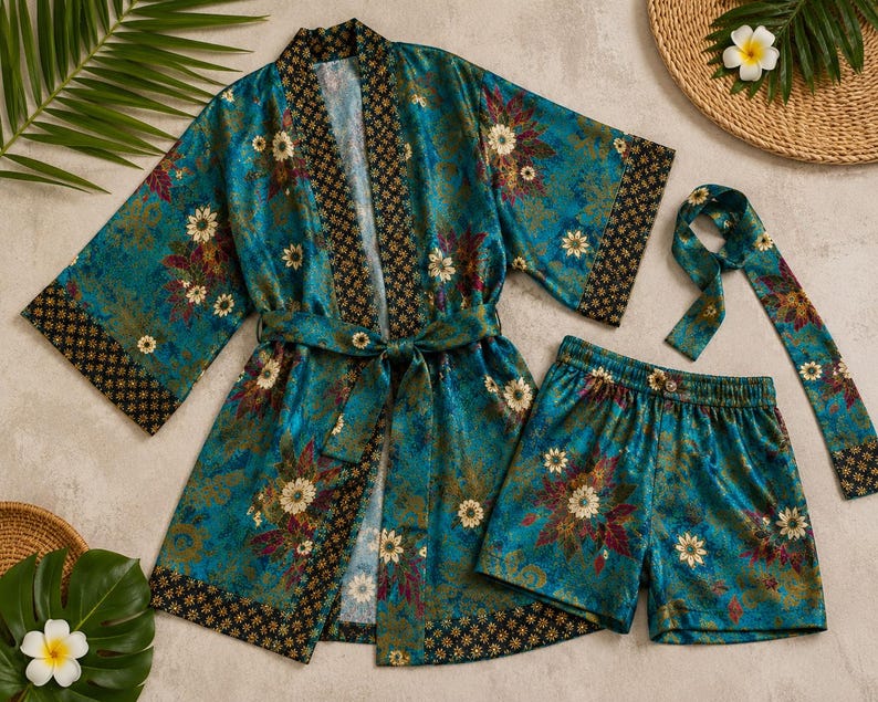 Mens Kimono Robe Set | Bali Batik Satin Resort Wear | Matching Robe and Boxers.