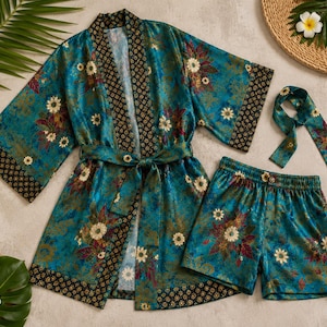 Mens Kimono Robe Set | Bali Batik Satin Resort Wear | Matching Robe and Boxers.