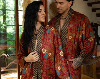 Boho Kimono Robe Set for 2 : Hand-Printed Batik Couple Robes