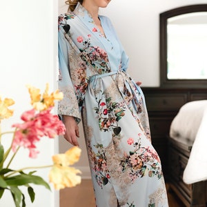 Turquoise Style Long Floral Silk Kimono Robe Silk Kimono Dressing Gown with Belt Turquoise Kaftan Kimono Robe Night Wear Robes for Women image 7