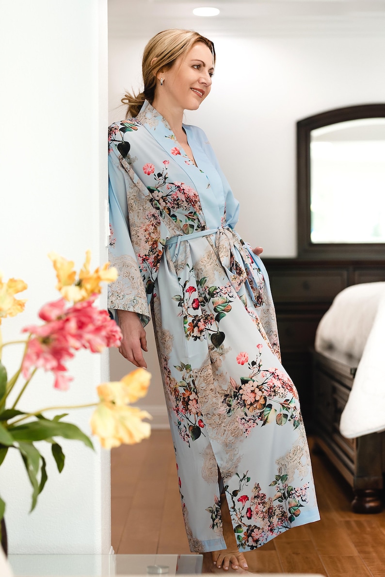 Turquoise Style Long Floral Silk Kimono Robe Silk Kimono Dressing Gown with Belt Turquoise Kaftan Kimono Robe Night Wear Robes for Women image 7