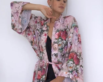 Long Silk Kimono Robe Floral Bridal Robe - Silky Kimono Bohemian Vacation Robe - Womens Clothing Dressing Gown - Full Sleeve Soft Silk Robe