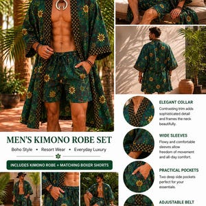 Mens Kimono Robe Set | Bali Batik Satin Resort Wear | Matching Robe and Boxers.