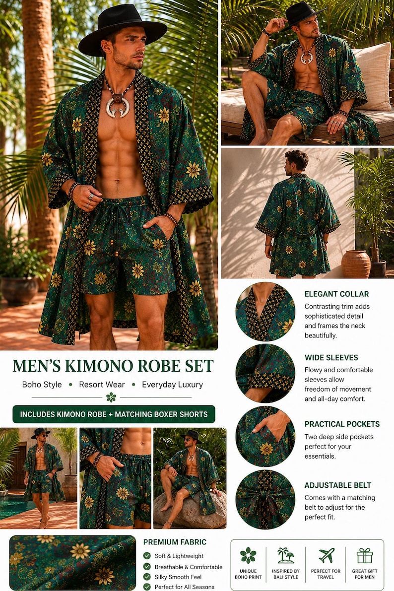 Mens Kimono Robe Set | Bali Batik Satin Resort Wear | Matching Robe and Boxers.